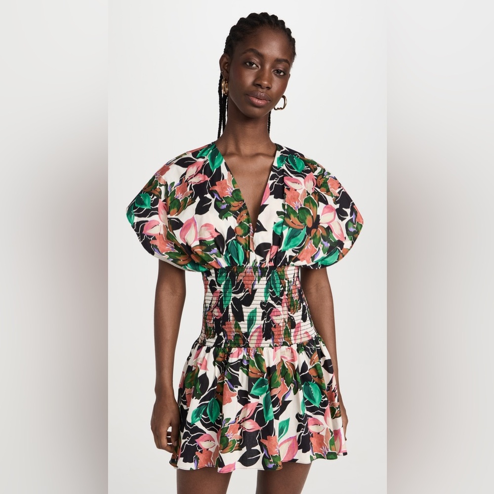 Misa Los Angeles Floral Puff-Sleeve Mini Dress in Black, Green & Pink